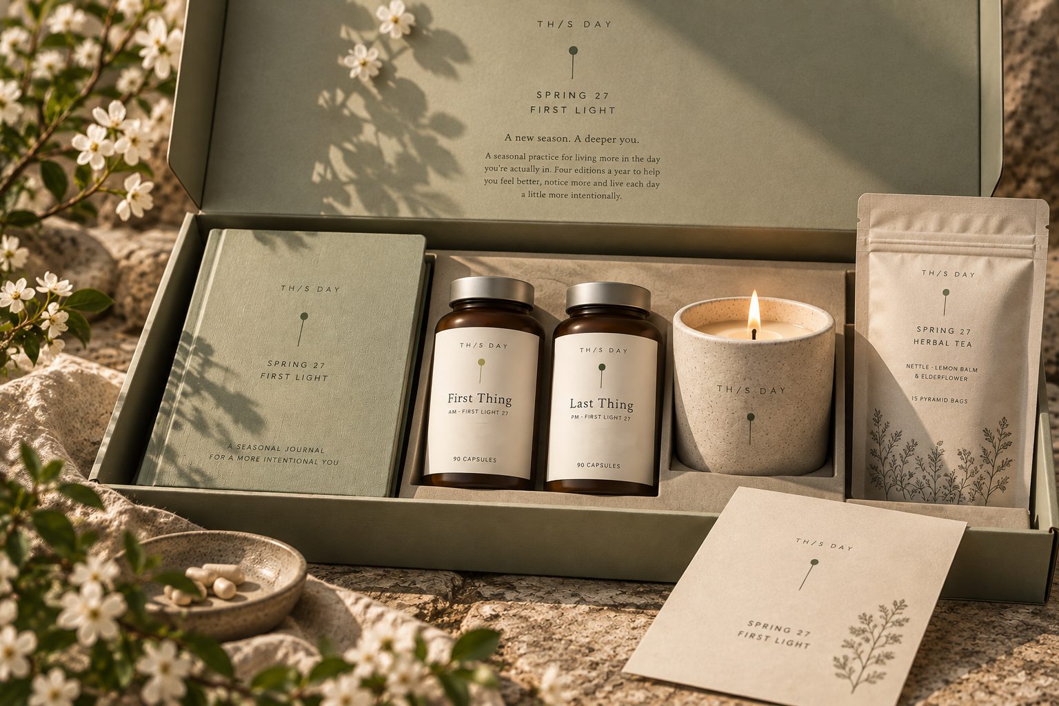 The Spring 27 box open on a stone ledge with blossom, showing the sage journal, First Thing and Last Thing, a candle, tea and a card